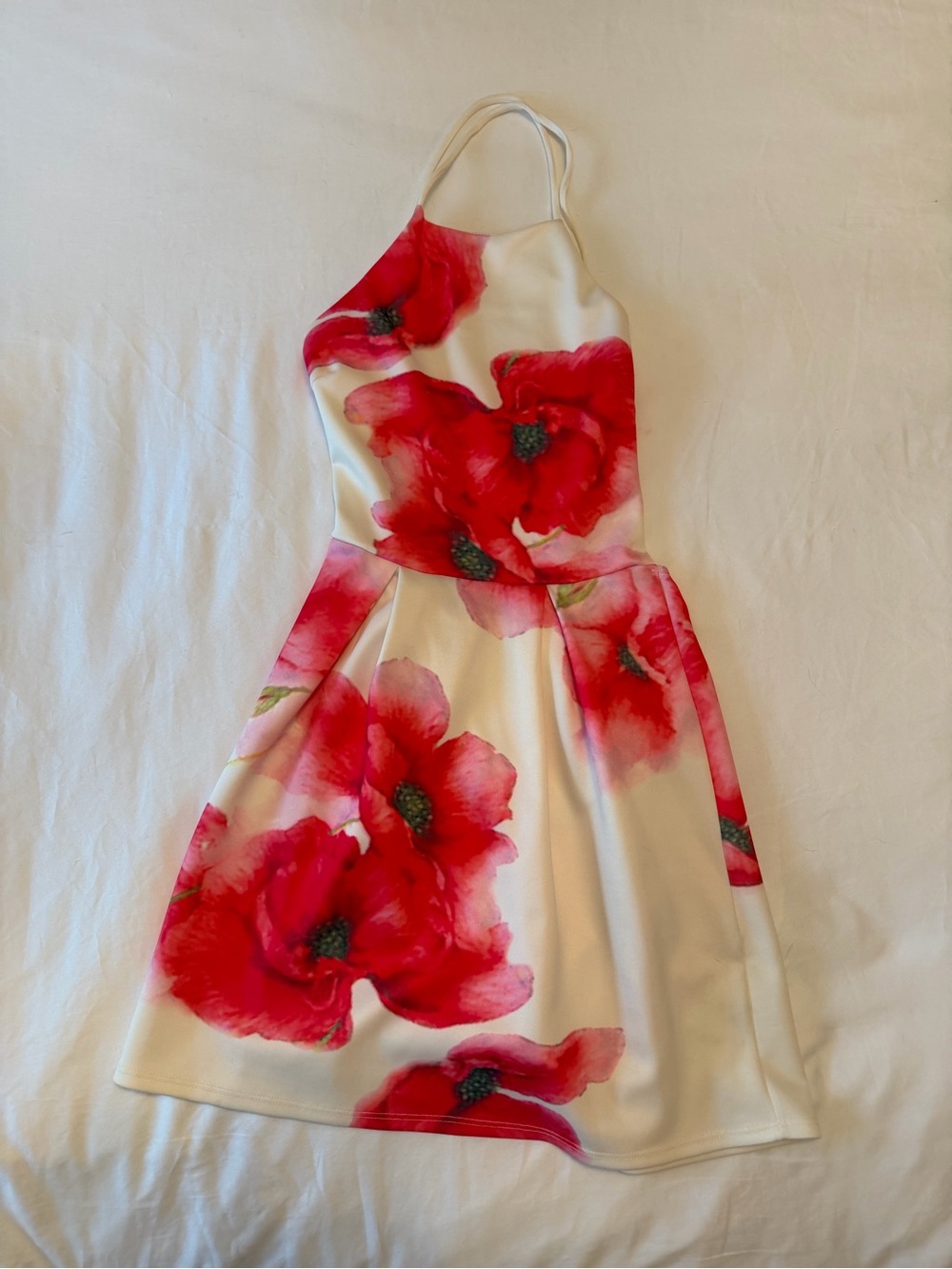 Cream Halter Dress with Red Floral Print
